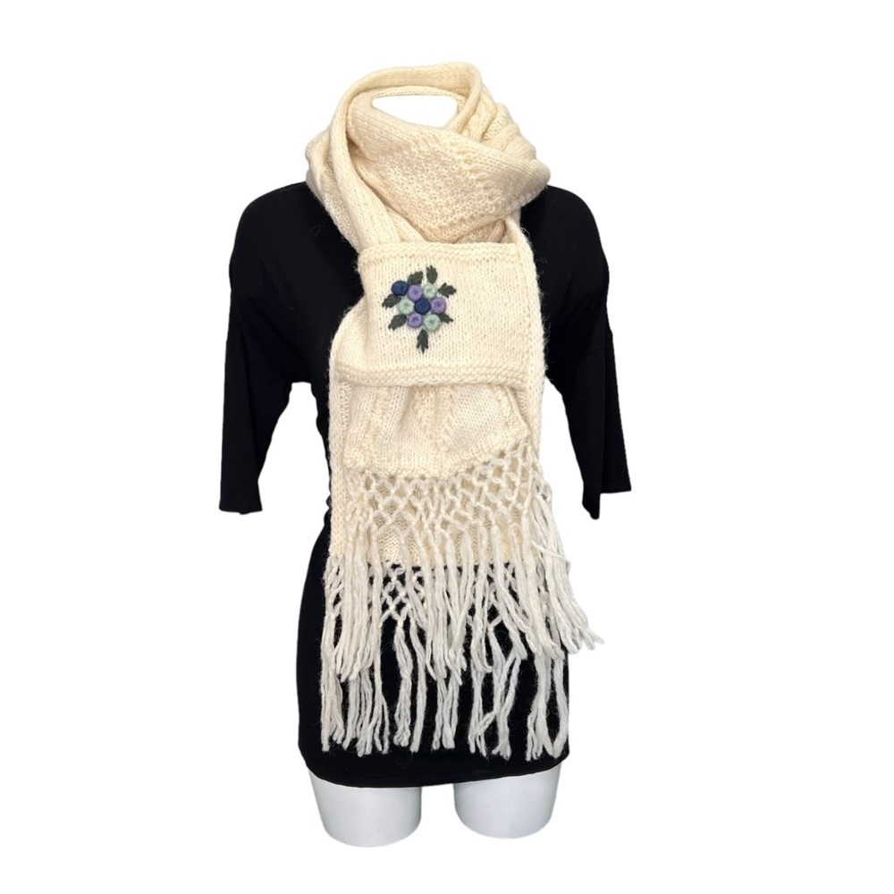 Vintage Cream Knit Scarf Cottagecore 68” Long